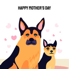 Happy Mother's day design with German shepherd dog and little baby puppy around her. For shephard lovers every where. Love you mom. Best mom ever. International Pet day.