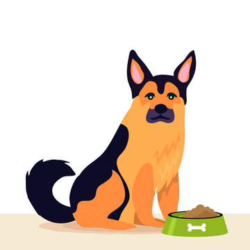 german shepherd dog sitting by food bowl clip art preview