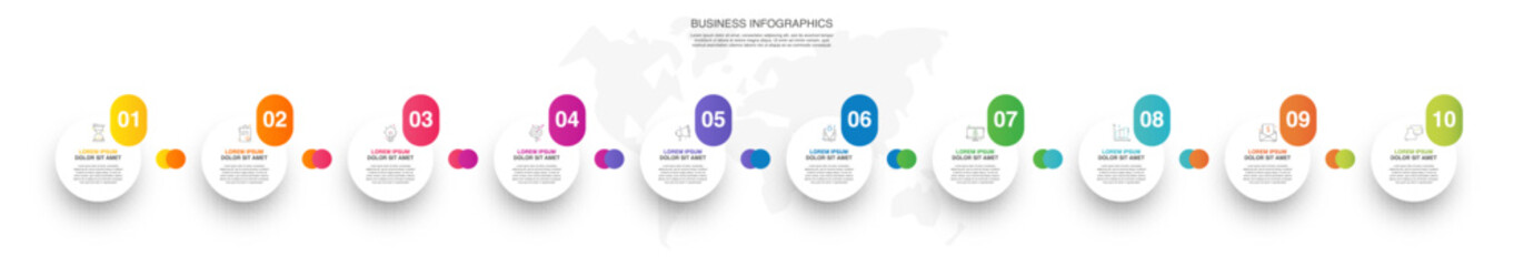 Vector line infographics with ten circles. Business concept graphic process template with 10 steps. Graphic timeline for app, website, interface, chart, levels, web, diagram, banner, presentations
