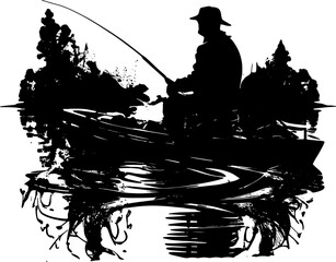 Vector image of fisherman in boat with fishing rod in his hands. Silhouette.
