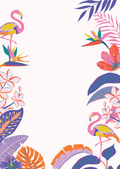 Fototapeta na wymiar Colorful tropical banner with exotic leaves, paradise plants and flamingoes. Stylish frame for wedding design, invitation, card templates.