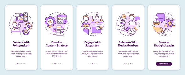 Social media strategies for advocacy onboarding mobile app screen. Walkthrough 5 steps editable graphic instructions with linear concepts. UI, UX, GUI template. Myriad Pro-Bold, Regular fonts used
