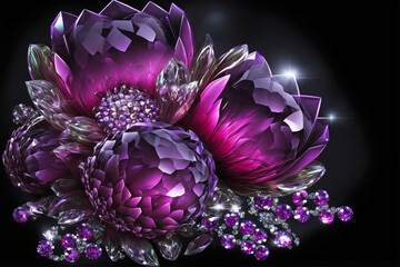 Amethyst druze crystal flowers. Magic fantastic gemstone flowers. Generative AI illustration