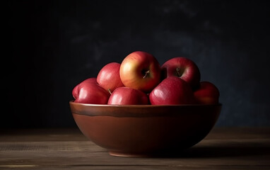 Naklejka na ściany i meble A brown ceramic bowl full of fresh apples set against a dark textured backdrop, highlighted by soft light.