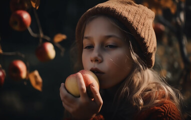 Young girl in a warm hat savors a fresh apple, surrounded by apple trees with hanging fruits, captured in a golden hue.