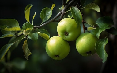 Trio of ripe green apples hanging from a branch, surrounded by soft-focus leaves.