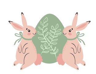 Two Easter bunnies looking at each other with big green egg between them