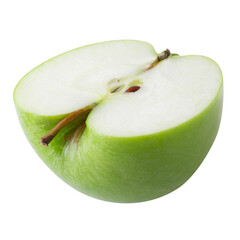 Green apple with green leaf and cut slice with seed isolated on a transparent background.