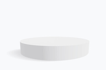 Minimalist 3D Vector Composition with a White Low Cylindrical Podium on a White Background, ideal for Product Presentation. Simple Geometric Mokup Product Display. Round Stage with Space to Text. - obrazy, fototapety, plakaty