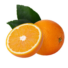 Ripe orange fruit with orange leaves isolated on a transparent background