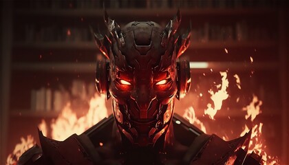 Evil red robot. Books in fire.  Generative AI technology.