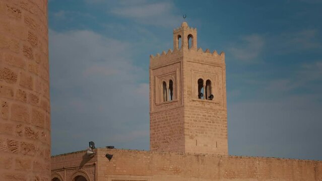 Tower of great Moslem Mosque on fortress Ribat in Monastir. Ribat of Monastir protective walls and the tower.