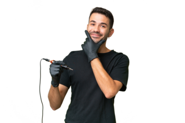 Tattoo artist caucasian man over isolated background happy and smiling