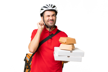 Young handsome caucasian man with thermal backpack and holding takeaway food over isolated background frustrated and covering ears