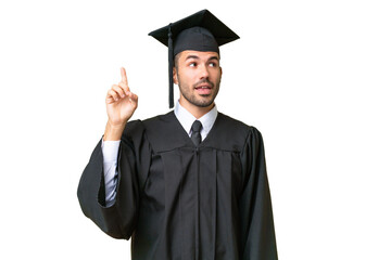Young university graduate man over isolated background intending to realizes the solution while lifting a finger up