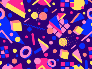 Seamless geometric pattern in 80s memphis style. Colorful geometric shapes. Design of promotional products, wrapping paper and printing. Vector illustration