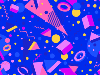 Seamless geometric pattern in 80s memphis style. Colorful geometric shapes. Design of promotional products, wrapping paper and printing. Vector illustration