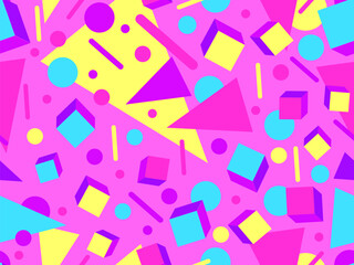 Seamless geometric pattern in 80s memphis style. Colorful geometric shapes. Design of promotional products, wrapping paper and printing. Vector illustration