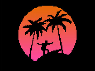 Surfer at sunset with palm trees in pixel art style. Retro sunset with palm trees in 8 bit synthwave style. Pixel design for banners, posters and apps. Vector illustration