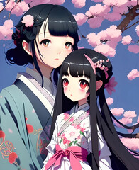 Anime mother with child in kimono dress sakura flowers spring, giapponese character illustration, generative ai.