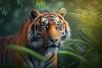 Naklejka na ściany i meble Tiger wild in the jungle. Neural network AI generated art