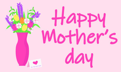 A pink vase with flowers in it that says happy Mother's Day.