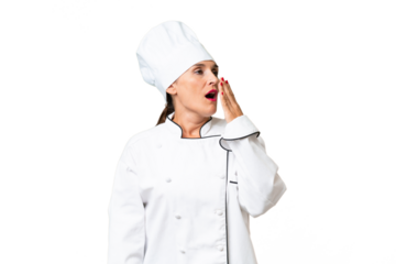 Middle-aged chef woman over isolated background yawning and covering wide open mouth with hand