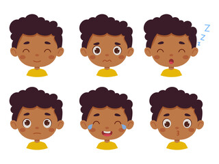 Cute cartoon little kid boy in various expressions and gesture. Cartoon child character showing different emotions. Vector illustration