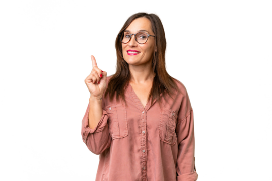 Middle-aged caucasian woman over isolated background showing and lifting a finger in sign of the best
