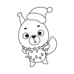 Coloring page cute Christmas squirrel with garland. Coloring book for kids. Educational activity for preschool years kids and toddlers with cute animal. Vector stock illustration
