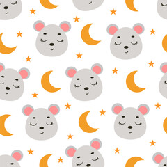 Cute little slipping mouse head seamless childish pattern. Funny cartoon animal character for fabric, wrapping, textile, wallpaper, apparel. Vector illustration