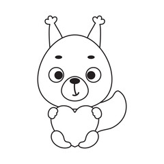 Coloring page cute little squirrel holds heart. Coloring book for kids. Educational activity for preschool years kids and toddlers with cute animal. Vector stock illustration