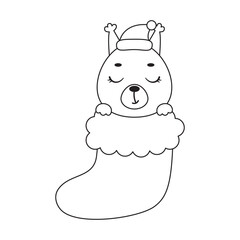 Coloring page cute little squirrel in Christmas sock. Coloring book for kids. Educational activity for preschool years kids and toddlers with cute animal. Vector stock illustration