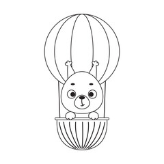 Coloring page cute little squirrel flying on hot air balloon. Coloring book for kids. Educational activity for preschool years kids and toddlers with cute animal. Vector stock illustration