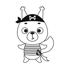 Coloring page cute little pirate squirrel. Coloring book for kids. Educational activity for preschool years kids and toddlers with cute animal. Vector stock illustration