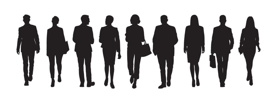 Group Of Business People Walking Front View Vector Silhouette.