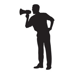 Business man speaking trough megaphone speaker vector silhouette.