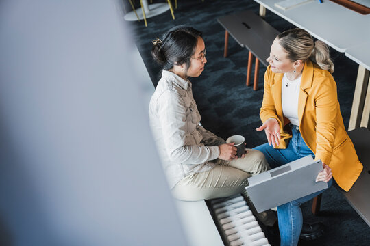 Businesswoman sharing laptop with colleagues holding cup sitting at office