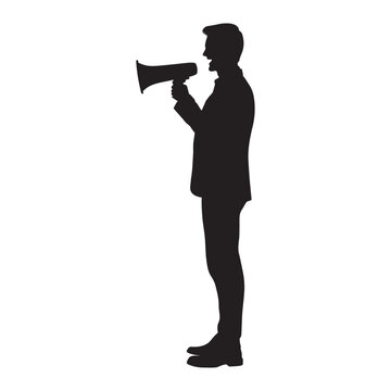 Business man holding megaphone speaker side view vector silhouette.