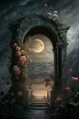 arch with bushes of pink roses with gloomy sky and full moon