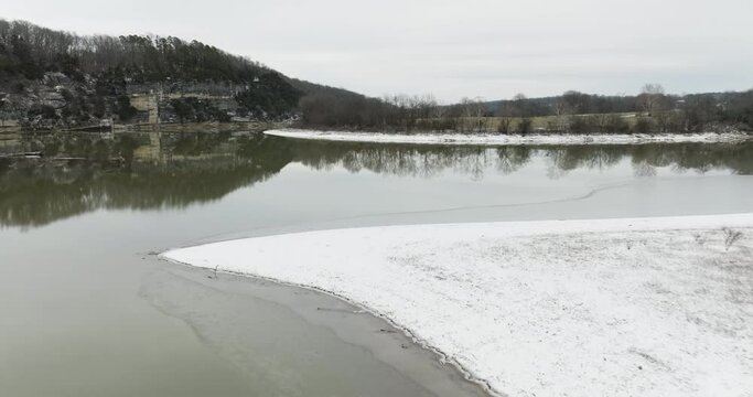 Mirror Reflection On Low Tide Stream Near Neills Bluff In Washington County, Arkansas, United States. Aerial Drone