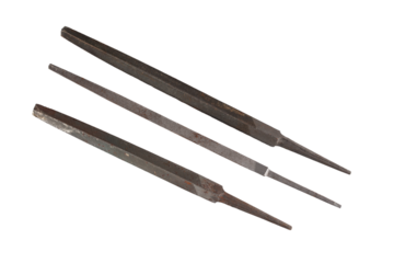 Three metal files, old, used. On a transparent background.