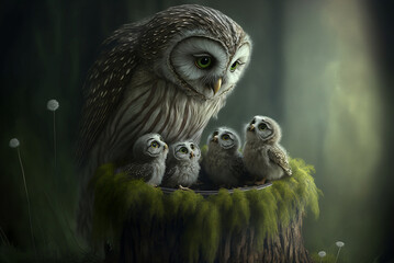 Obraz premium Mother Owl and Chicks Generative AI