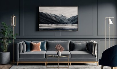 A living room with a couch and a coffee table with a painting of mountains in the background