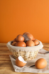 Concept of fresh and natural farm product - eggs, space for text