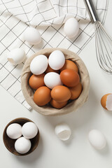 Concept of fresh and natural farm product - eggs, top view
