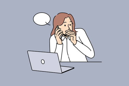 Female employee sit at desk work on laptop leak company information to rival. Businesswoman share confidential data to competitor on phone. Vector illustration. 