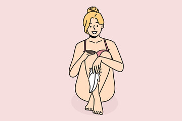Smiling woman in underwear touching legs with soft feather. Happy girl with feather. Epilation and hair removal. Vector illustration. 