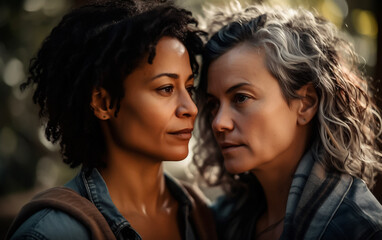 Female lesbian couple in their 40ies. Concept of LGBT and equal rights to love. Shallow field of view. Illustrative Generative AI. Not real people.
