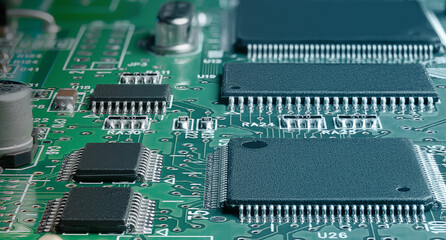 electronic circuit board with passive and active circuit components and IC close-up